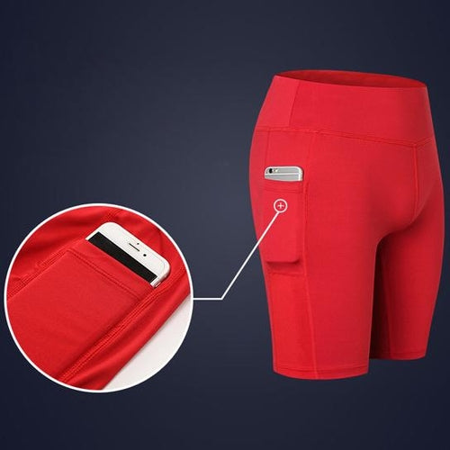 Shorts de yoga elásticos para todas las estaciones con bolsillo para teléfono