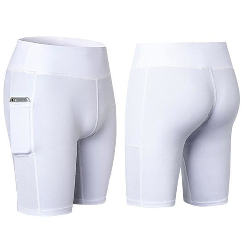 Shorts de yoga elásticos para todas las estaciones con bolsillo para teléfono