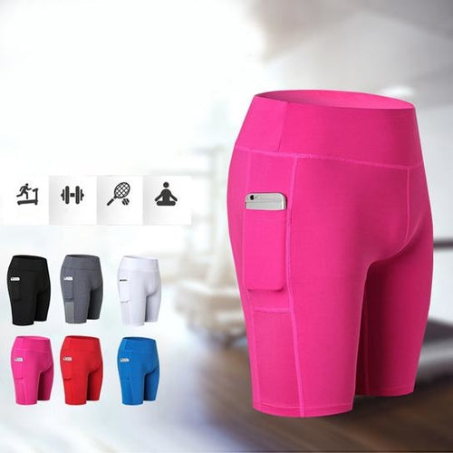 Shorts de yoga elásticos para todas las estaciones con bolsillo para teléfono