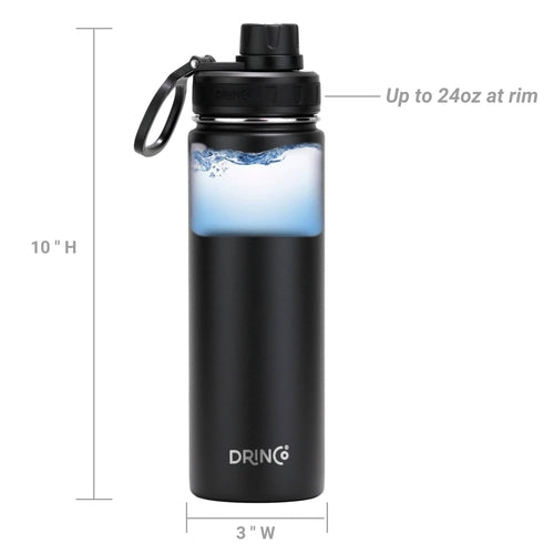 Botella de agua deportiva de acero inoxidable DRINCO® de 22 onzas - Color negro.